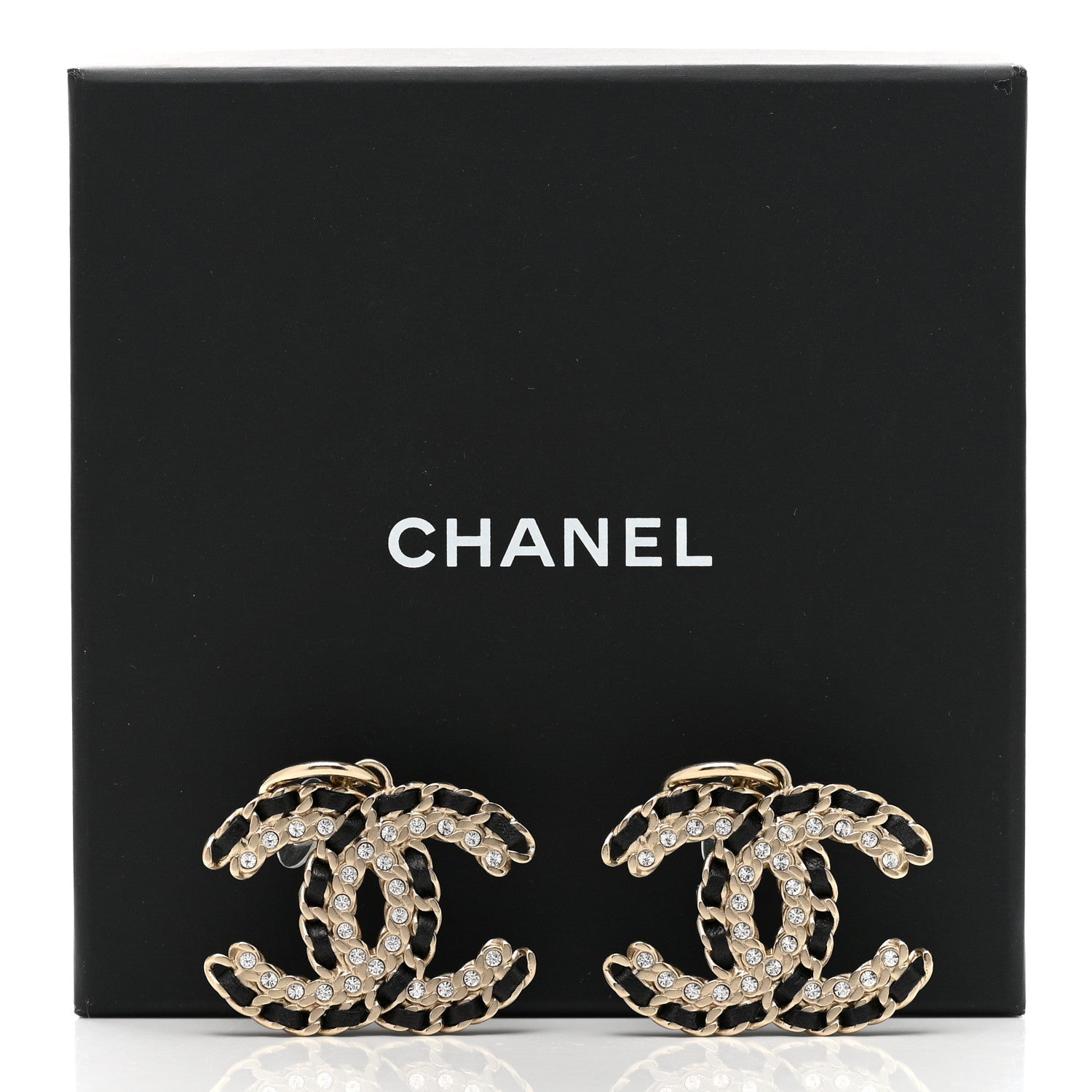 Chanel Crystal Lambskin Chain CC Vintage Allure Stud Earrings Black Gold 5 of 5