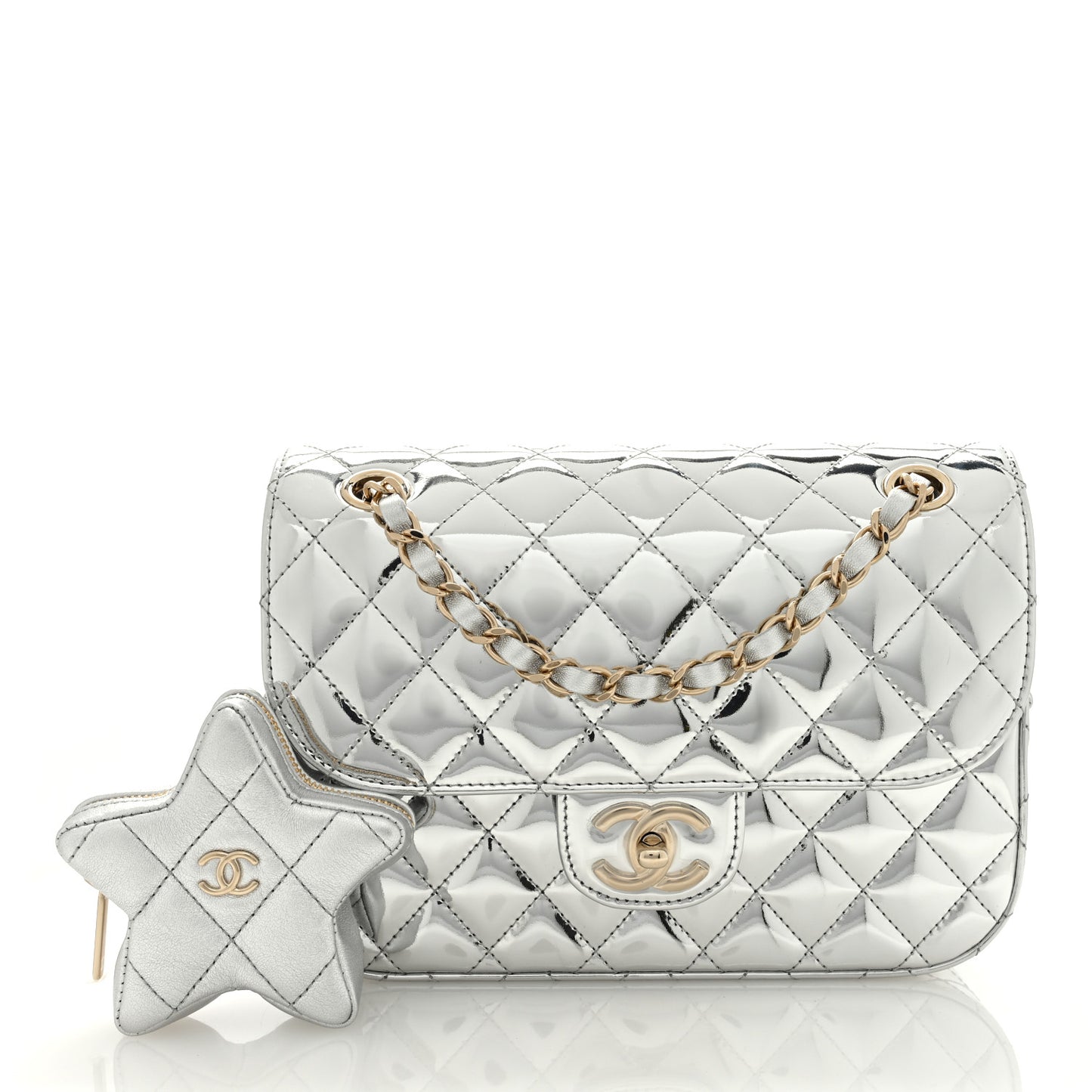 Mirror Calfskin Metallic Calfskin Medium Hollywood Boulevard Flap With Star Coin Purse Silvery