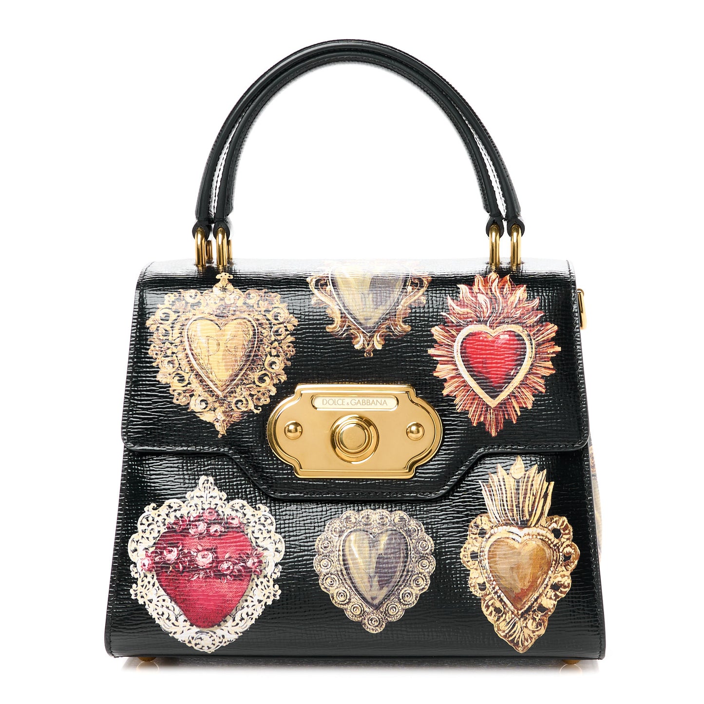 DOLCE GABBANA Grained Calfskin Heart Printed Welcome Satchel Black Multicolor