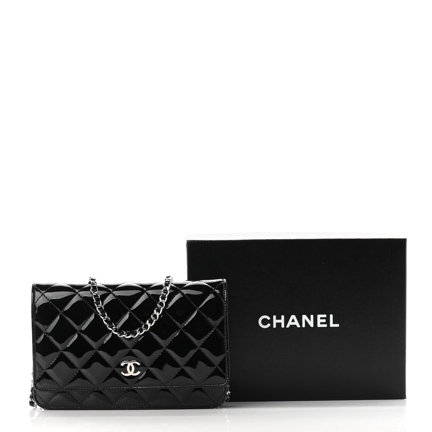 Patent Quilted Wallet On Chain WOC Black