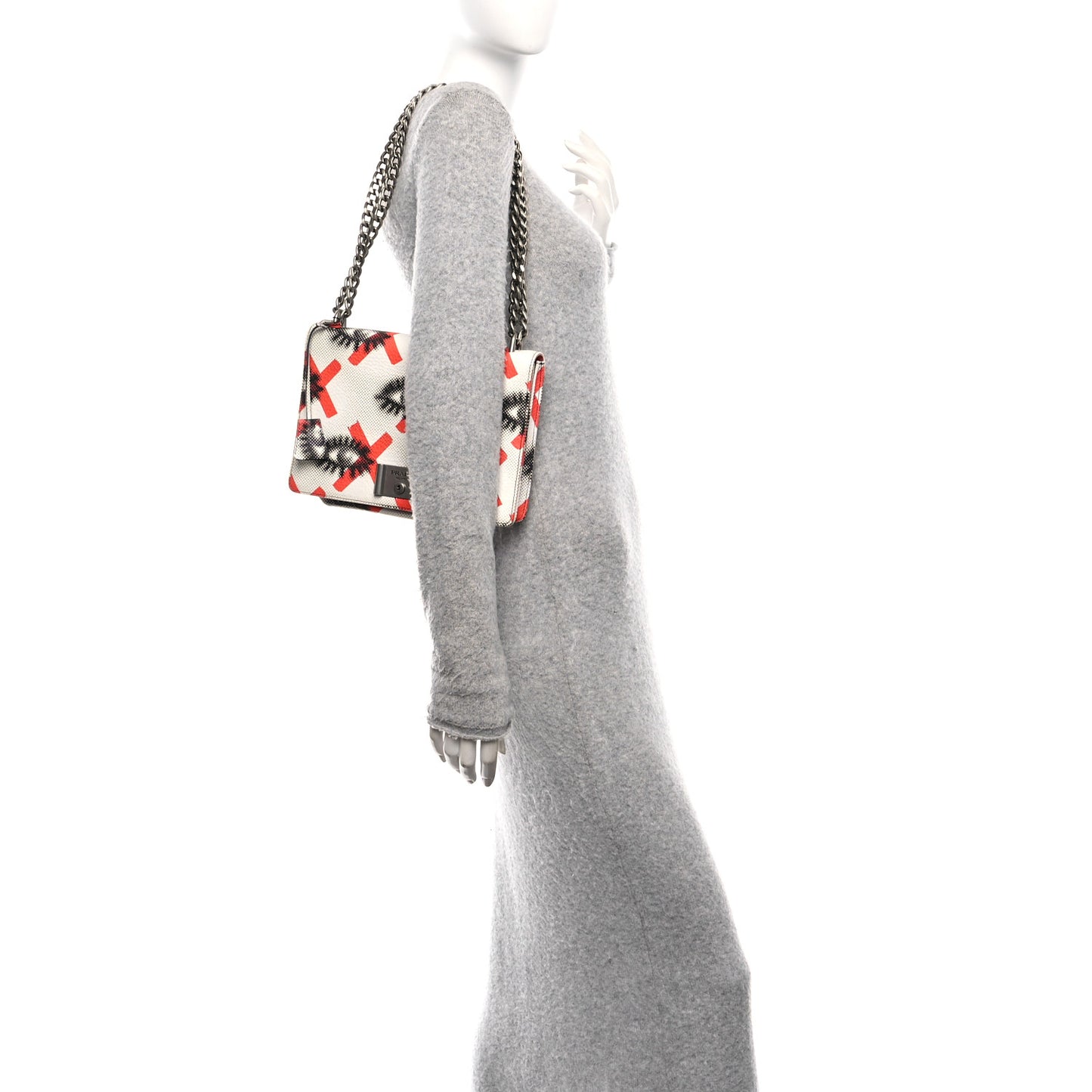 Vitello Daino Eye Inside Lock Flap Chain Shoulder Bag Bianco Arancio