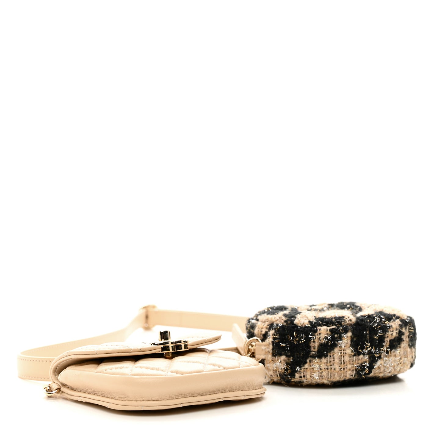 Tweed Lambskin Quilted Waist Bag With Coin Purse Beige