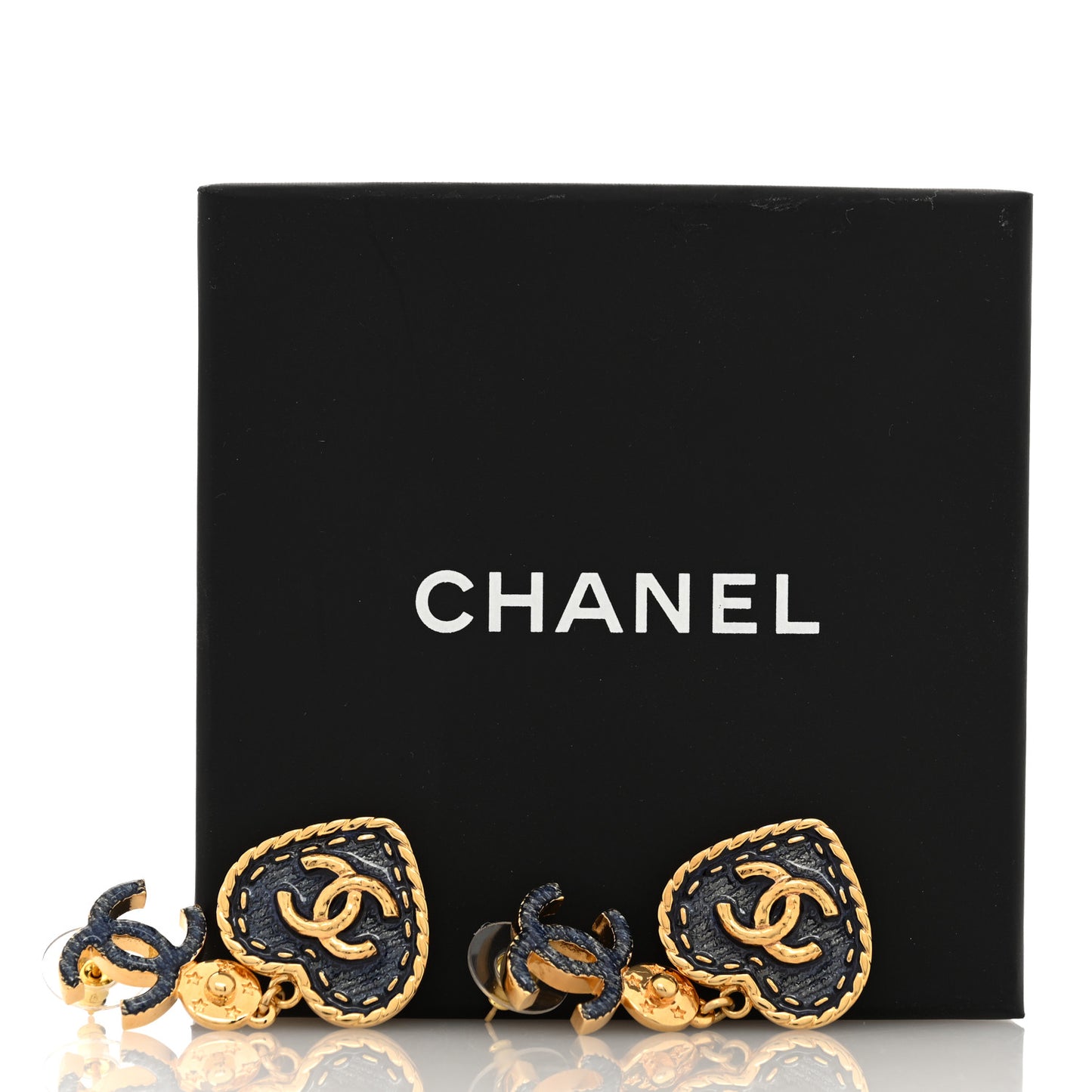 Metal Enamel CC Denim Heart Drop Earrings Gold Blue