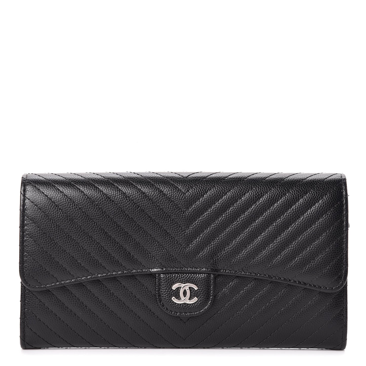 Caviar Chevron Quilted Large Flap Wallet Black