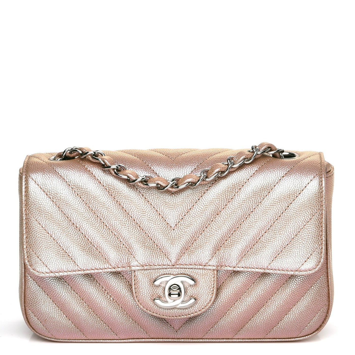 Iridescent Caviar Chevron Quilted Mini Rectangular Flap Light Gold