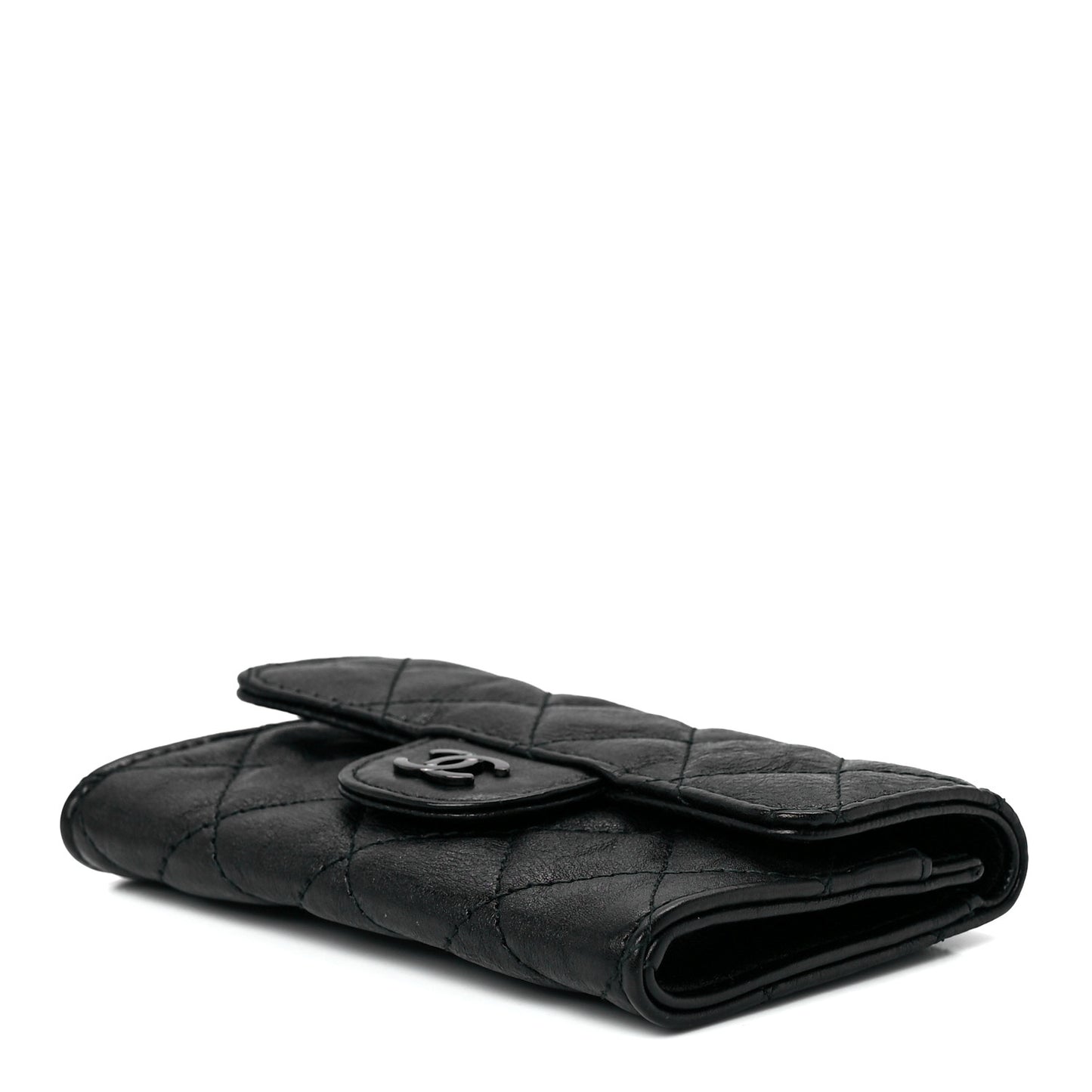 Crumpled Calfskin Quilted Flap Card Holder Wallet So Black