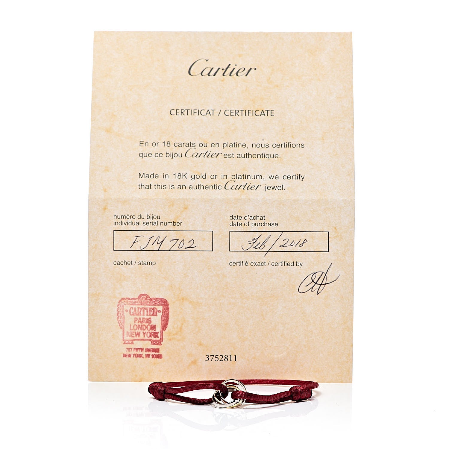 Cartier 18K Pink Yellow White Gold Trinity Cord Bracelet Red 8 of 8