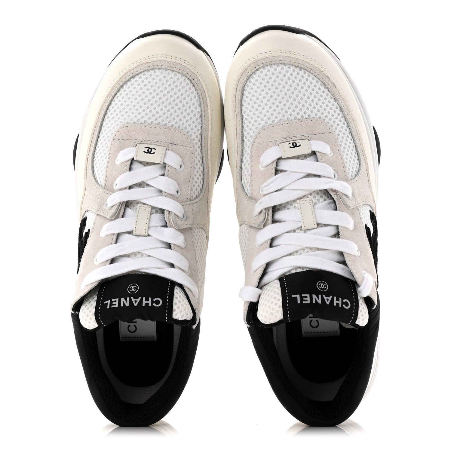 Chanel Mesh Suede Calfskin Grained Calfskin Womens CC Sneakers 37.5 White Black 5 of 11