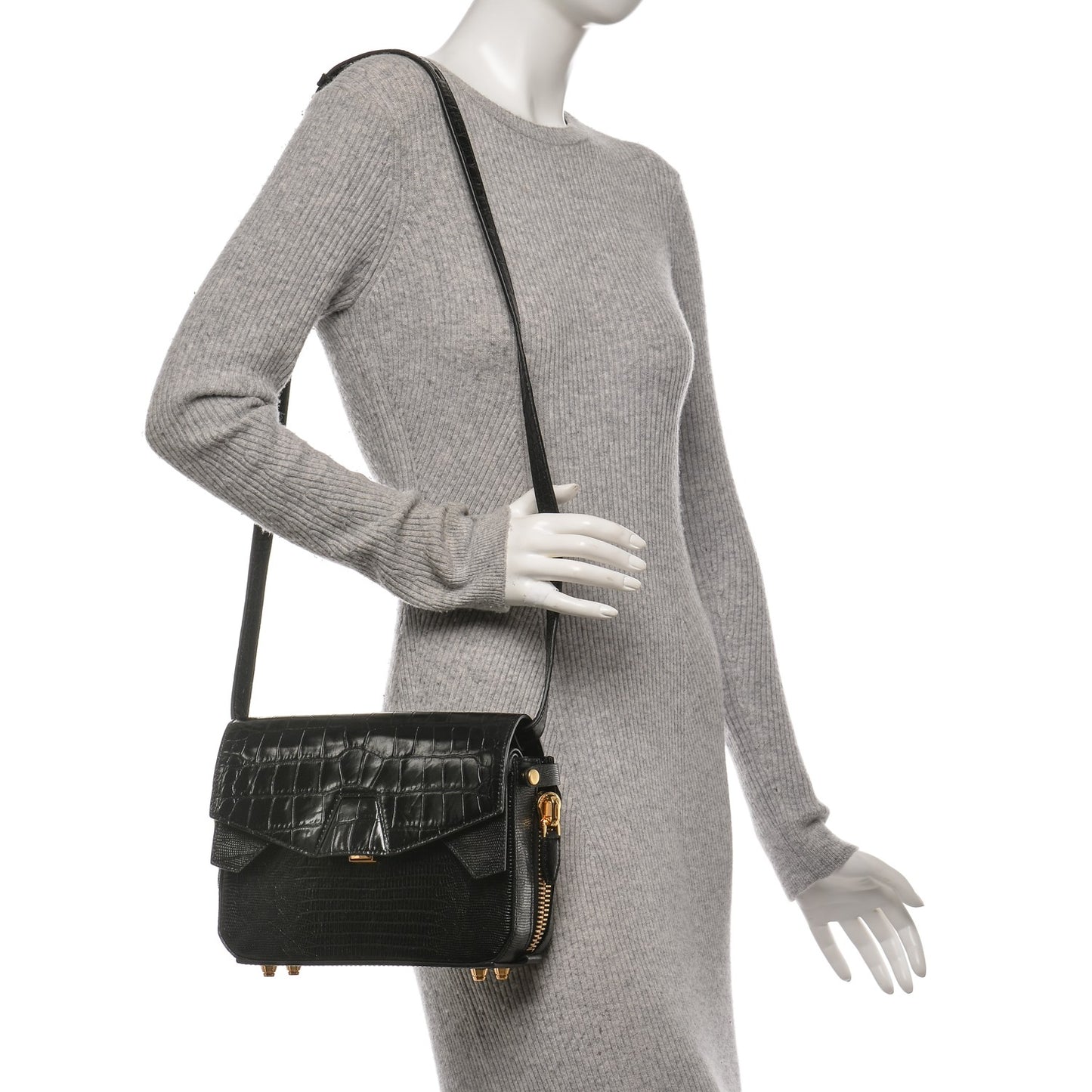 Crocodile Embossed Patent Calfskin Tri-Fold Shoulder Bag Black