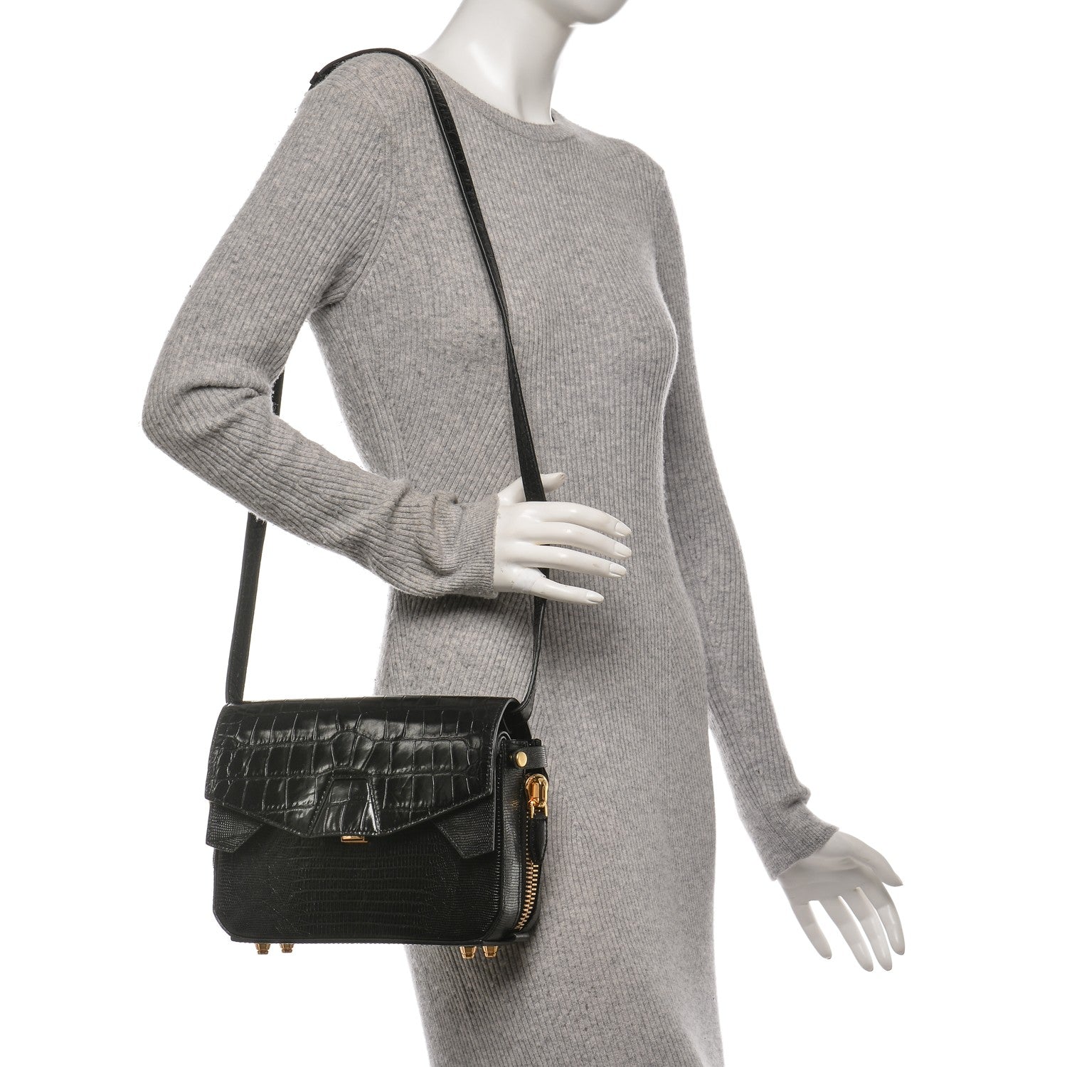 Alexander Wang Crocodile Embossed Patent Calfskin Tri-Fold Shoulder Bag Black 2 of 12