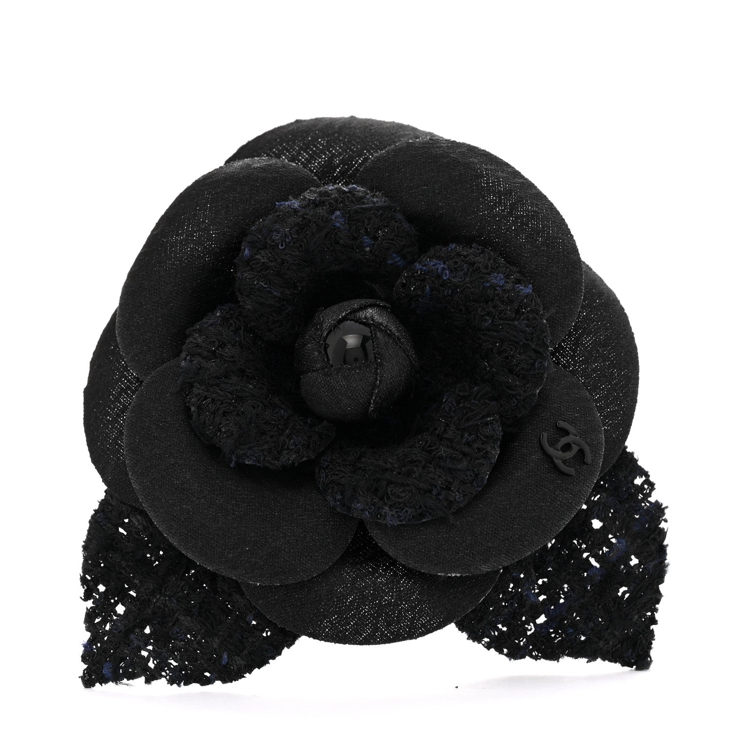 Chanel Tweed Fabric Camellia Pin Brooch Navy Black 1 of 3