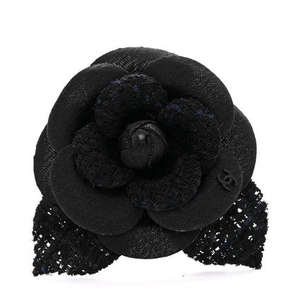 Chanel Tweed Fabric Camellia Pin Brooch Navy Black 1 of 3