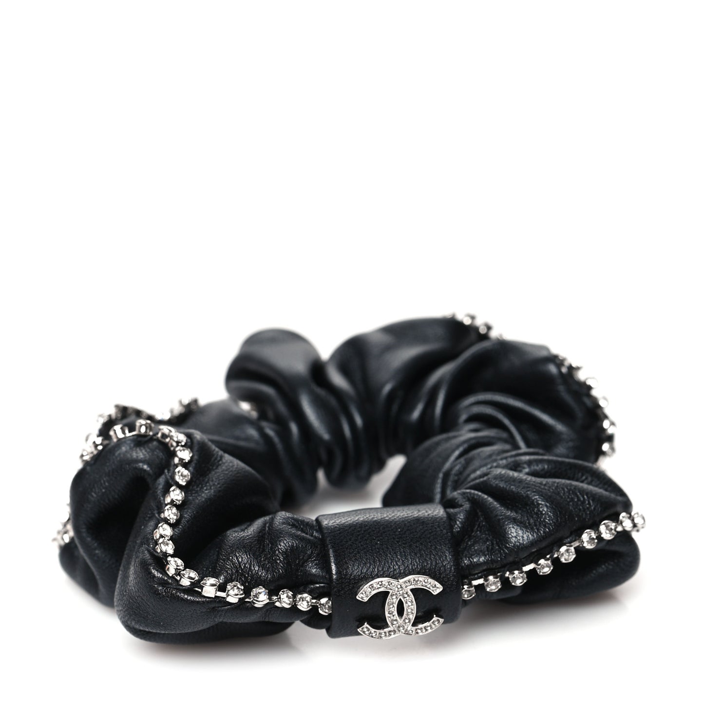 Lambskin Crystal CC Hair Scrunchie Black Silver