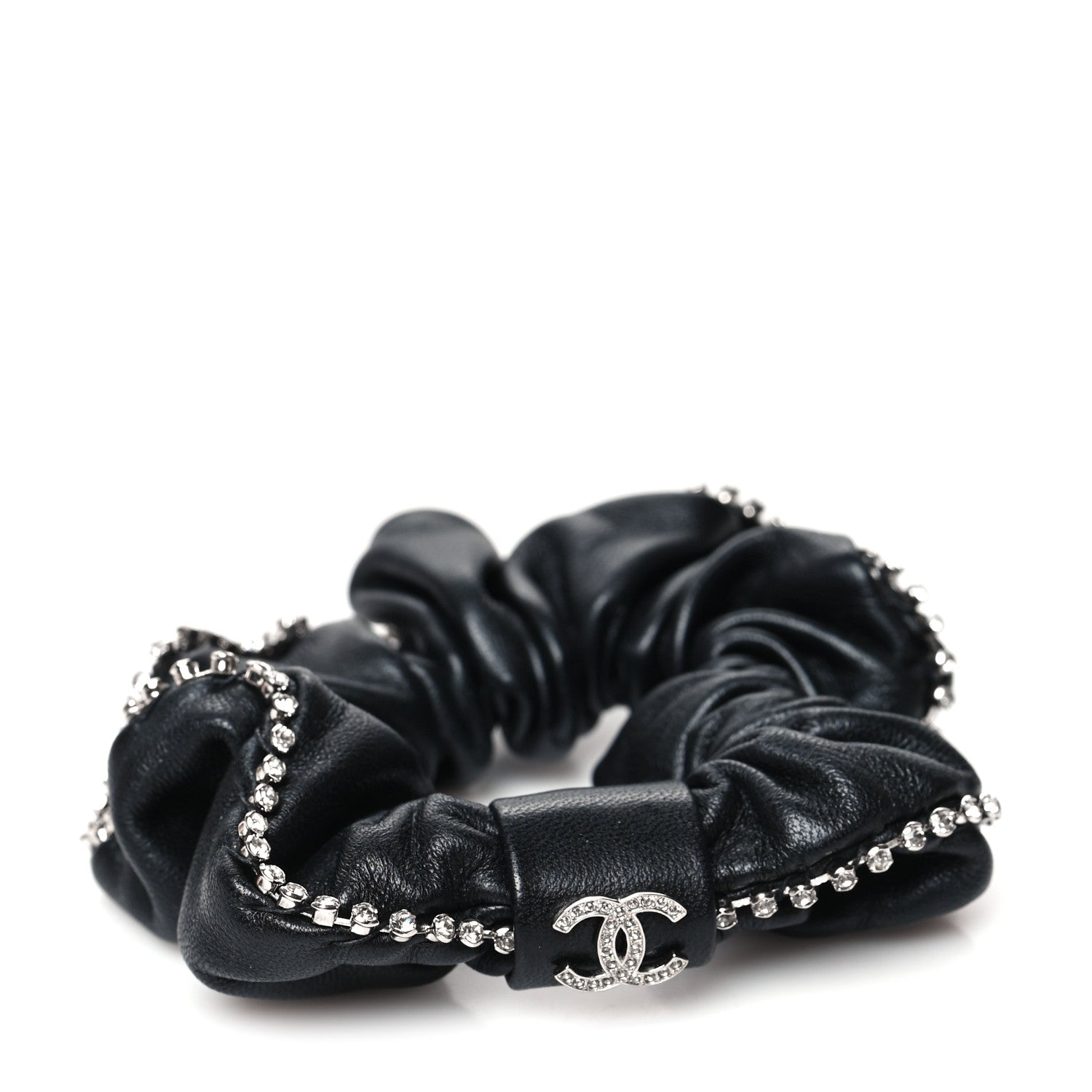 Chanel Lambskin Crystal CC Hair Scrunchie Black Silver 1 of 4
