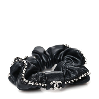 Chanel Lambskin Crystal CC Hair Scrunchie Black Silver 1 of 4