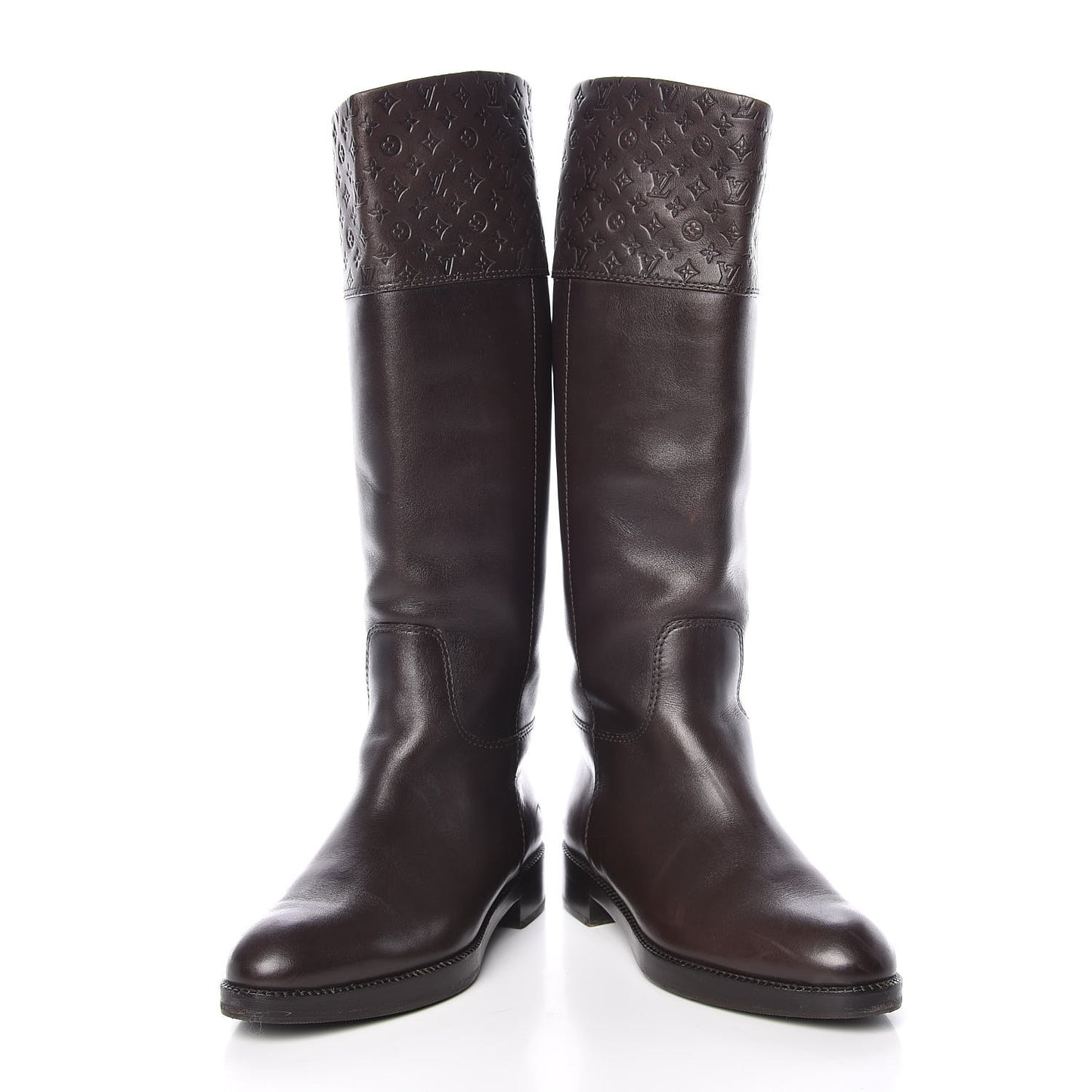 Calfskin Embossed Monogram Knee High Riding Boots 37 Brown