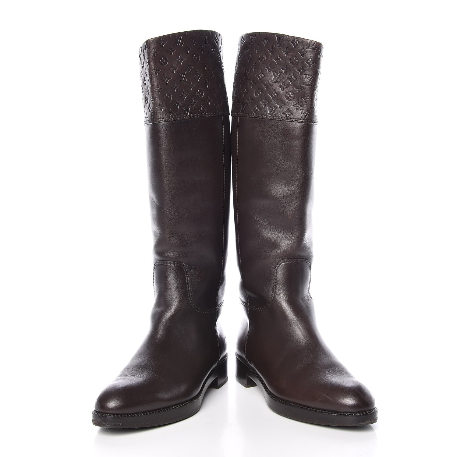 Louis Vuitton Calfskin Embossed Monogram Knee High Riding Boots 37 Brown 6 of 15