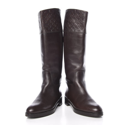 Louis Vuitton Calfskin Embossed Monogram Knee High Riding Boots 37 Brown 6 of 15