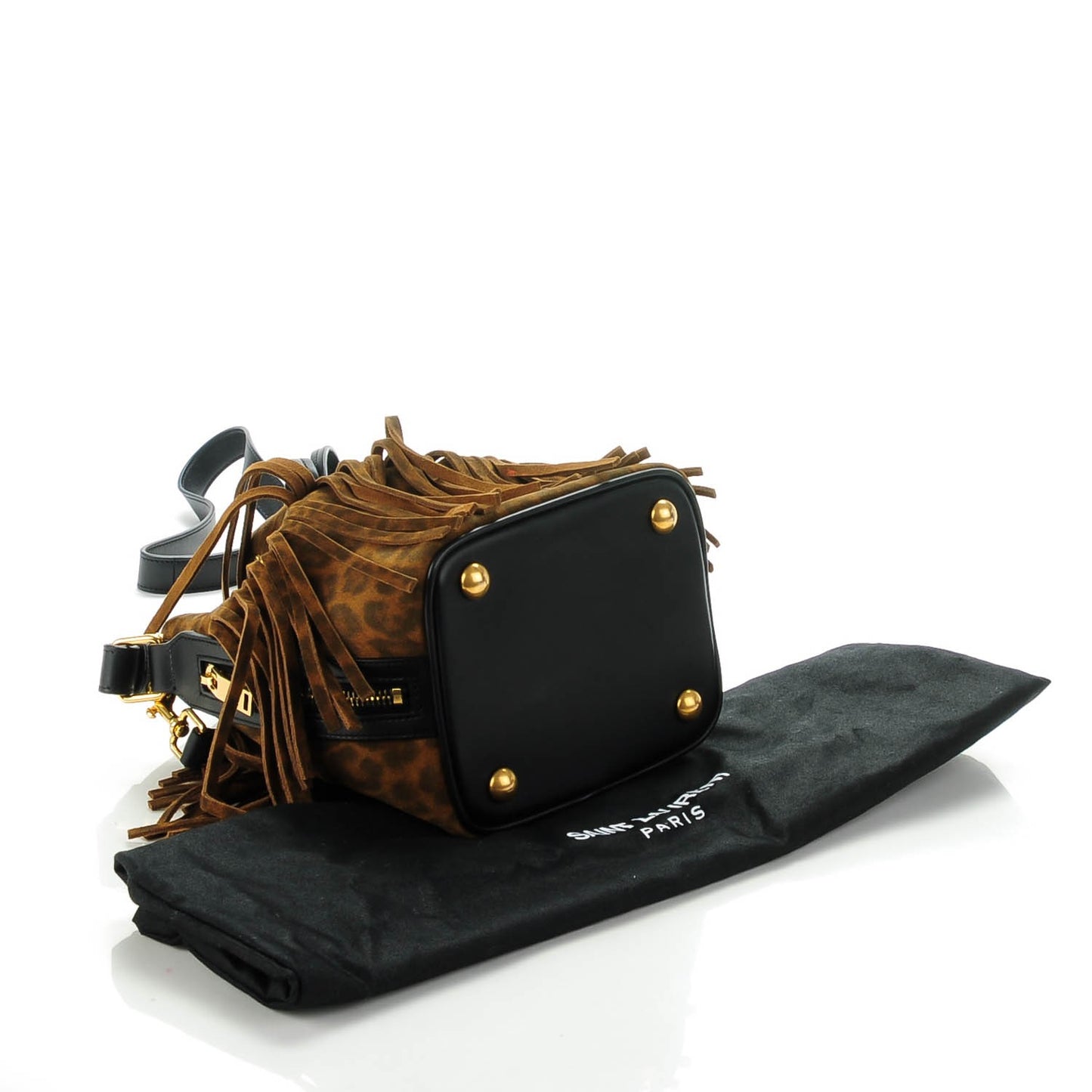 Suede Leopard Small Emmanuelle Fringe Bucket Bag Tan Black