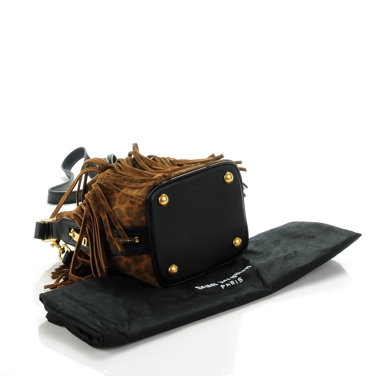 Saint Laurent Suede Leopard Small Emmanuelle Fringe Bucket Bag Tan Black 4 of 7