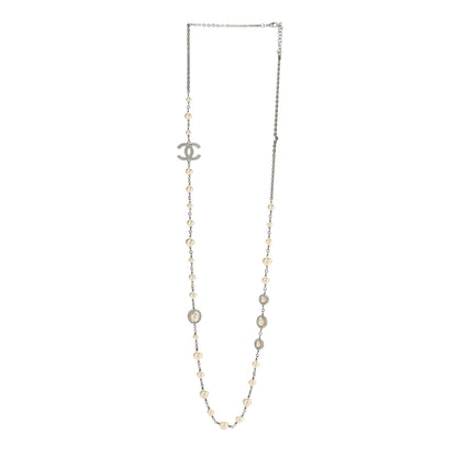 Chanel Graduated Pearl Crystal CC Long Necklace Silver 5 of 12