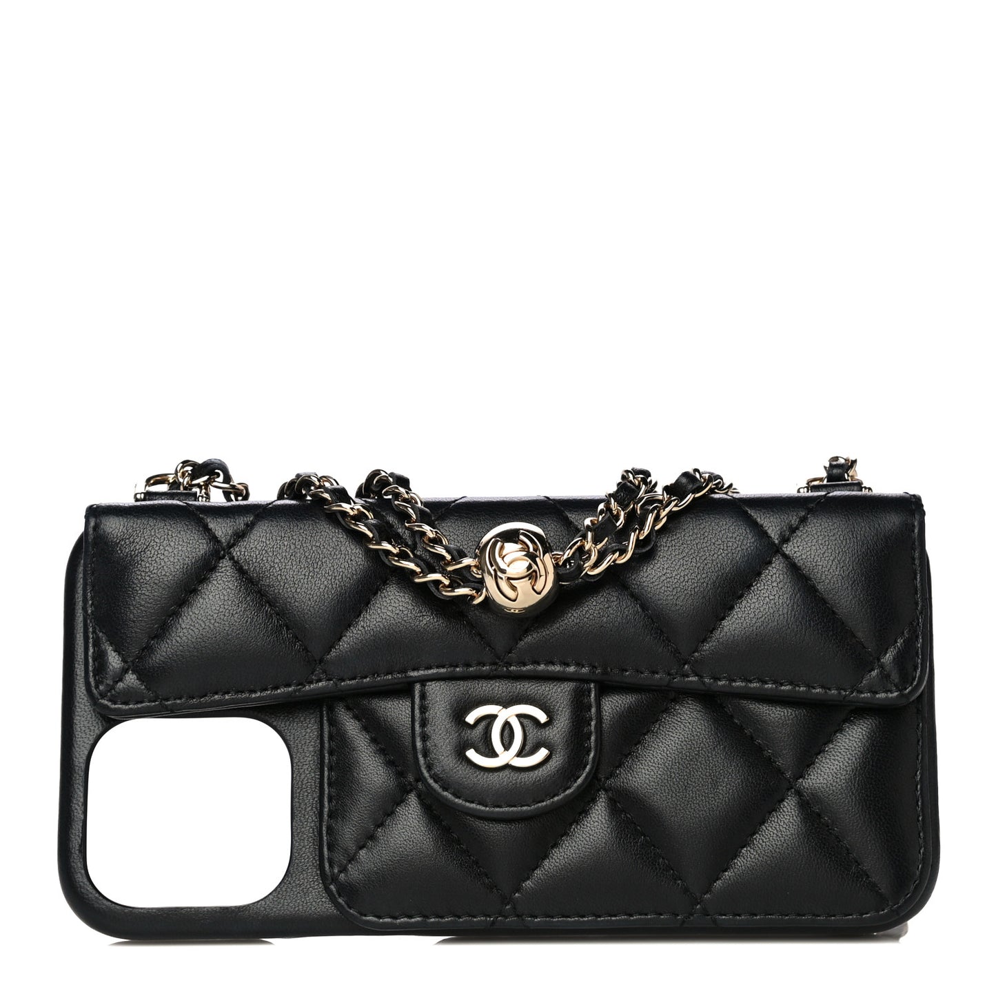Lambskin Quilted iPhone XII Max Case With Chain Black