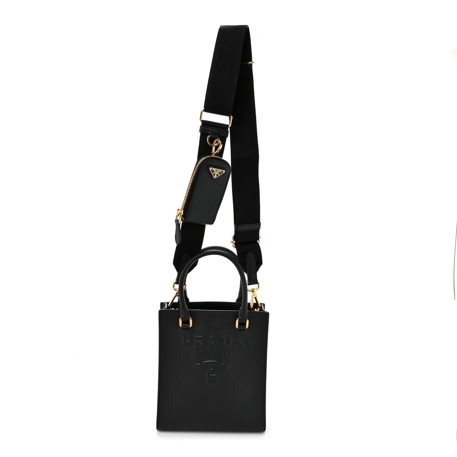 Prada Saffiano Lux Triangle Logo Embossed Small Double Handle Crossbody Tote Black 1 of 11