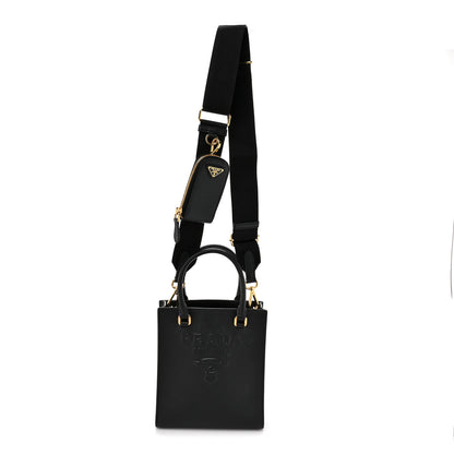 Prada Saffiano Lux Triangle Logo Embossed Small Double Handle Crossbody Tote Black 1 of 11