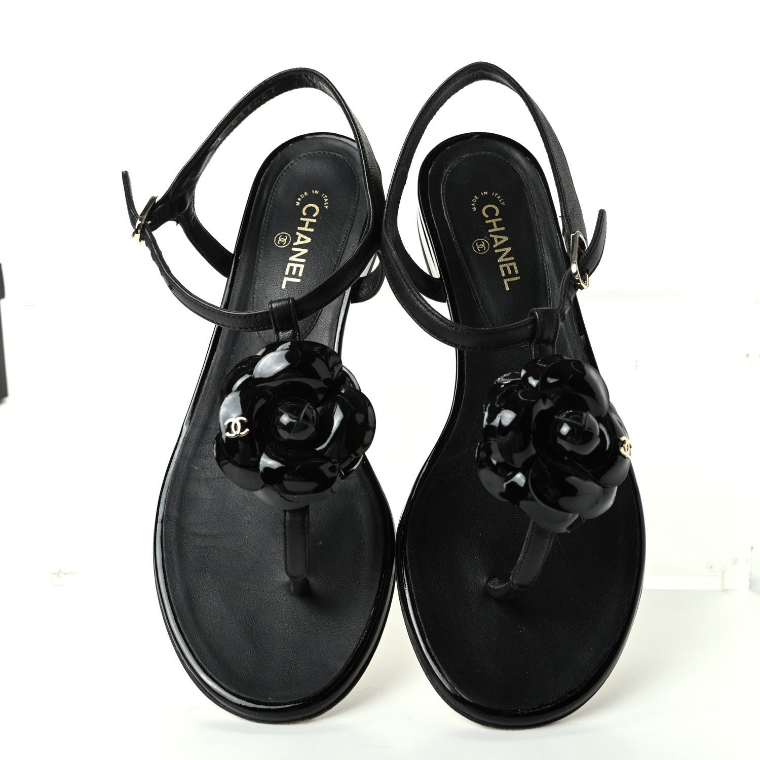 Chanel Patent Camellia Thong Sandals 37 Black 5 of 11