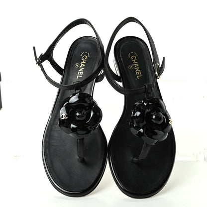 Chanel Patent Camellia Thong Sandals 37 Black 5 of 11