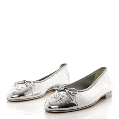 Chanel Metallic Aged Calfskin Cap Toe CC Ballerina Flats 40.5 Silver 3 of 15