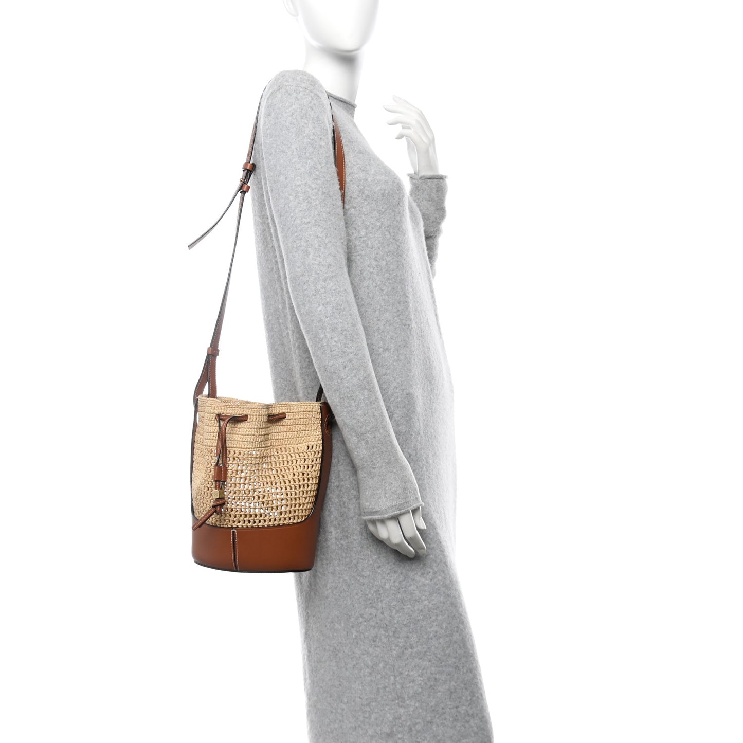 Raffia Calfskin Balloon Bucket Bag Natural Tan