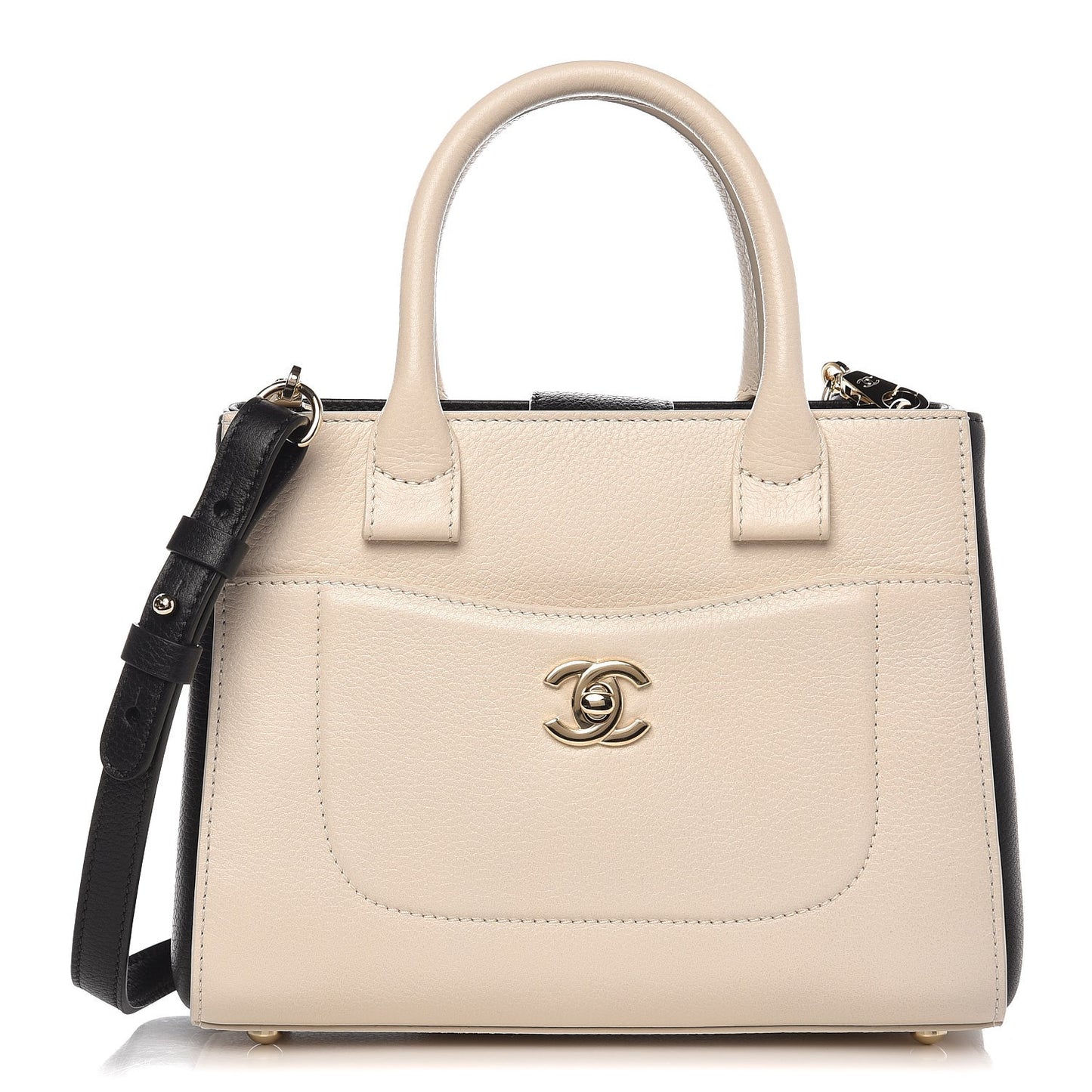 Grained Calfskin Mini Bi-Color Neo Executive Shopper Tote Beige Black