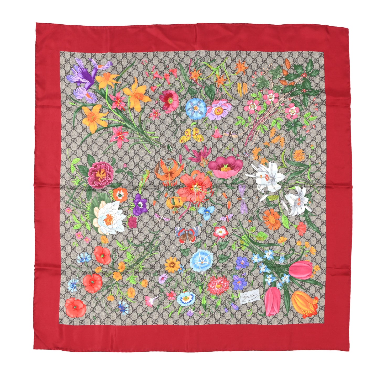 Silk Twill GG Monogram Special Florio Square Scarf Beige Red