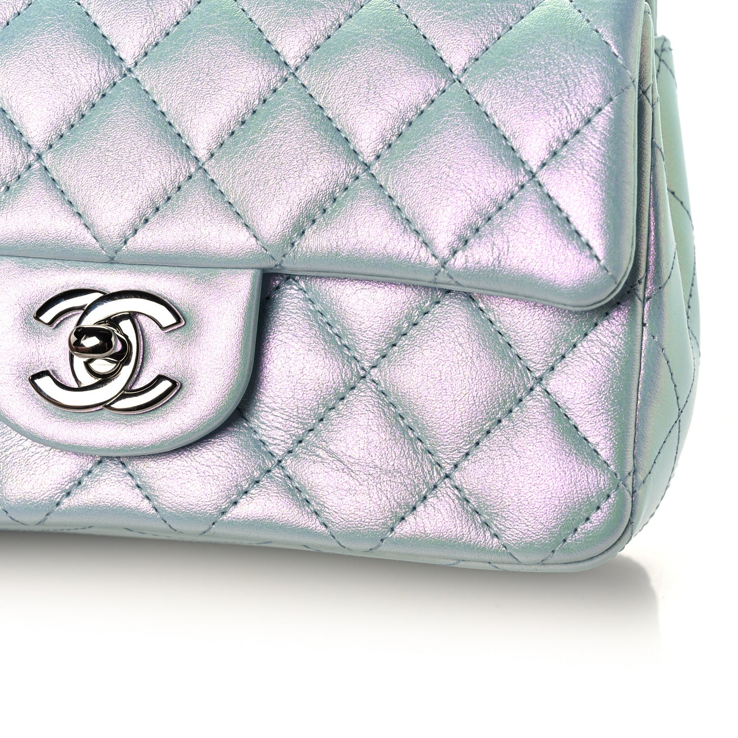 Iridescent Calfskin Quilted Mini Rectangular Flap Light Blue