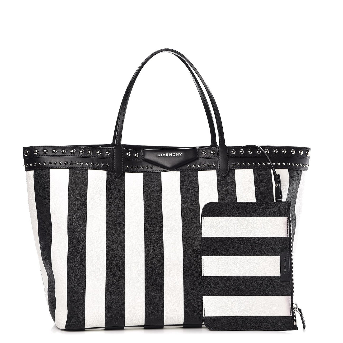 Coated Canvas Striped Large Antigona Tote Black White