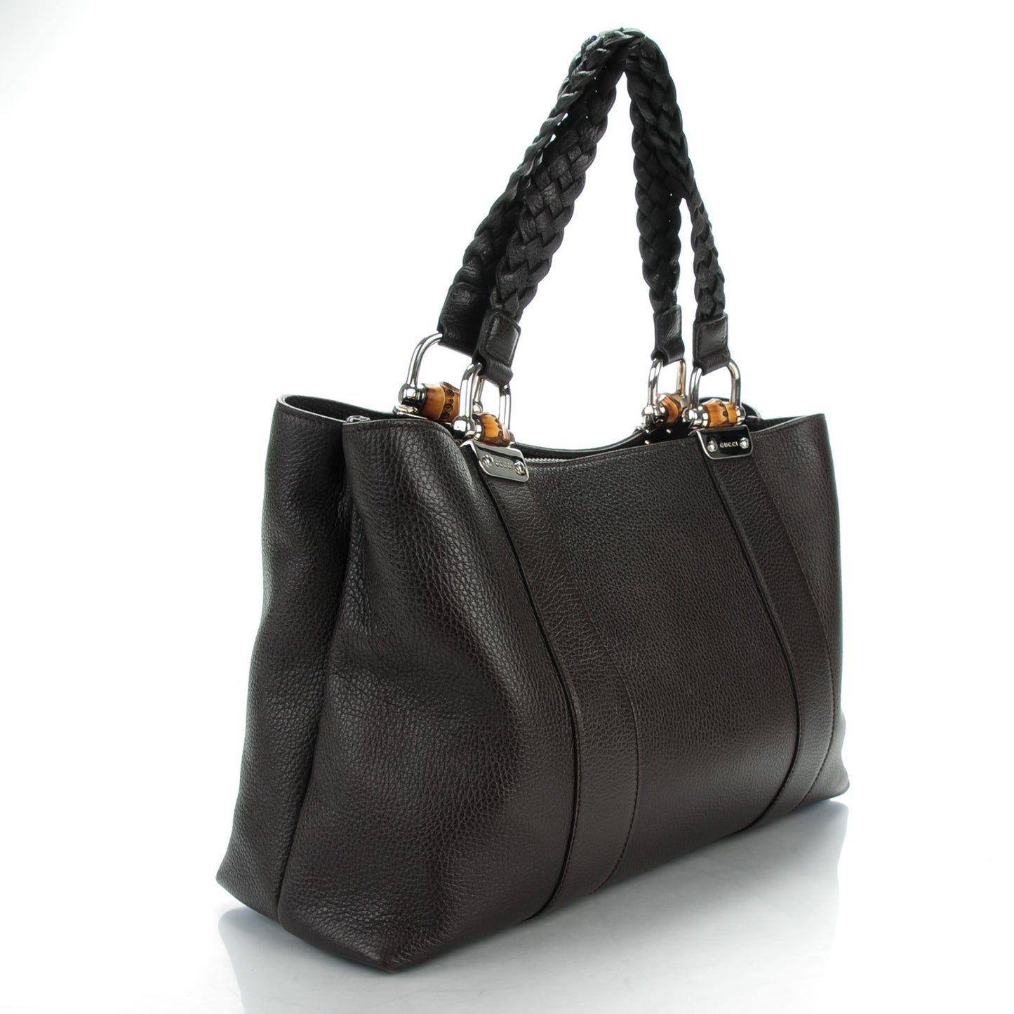 Pebbled Calfskin Medium Bamboo Bar Tote Dark Brown