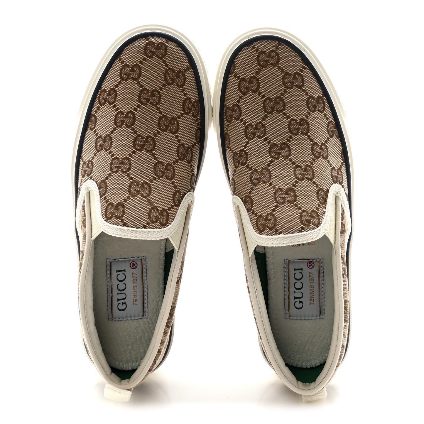 GG Monogram Womens 1977 Tennis Slip On 30mm Sneakers 36 Beige Ebony Mystic White
