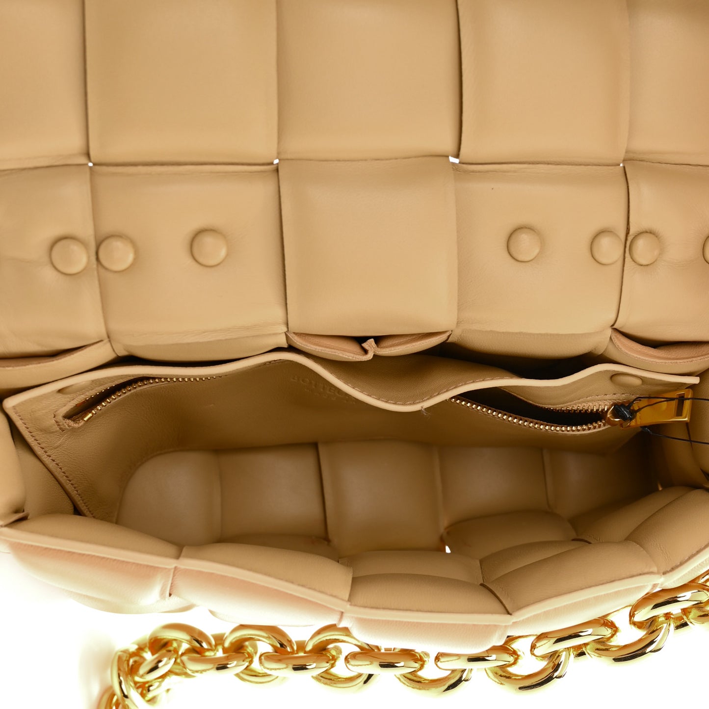 Lambskin Maxi Intreccio Padded Chain Cassette Crossbody Bag Almond