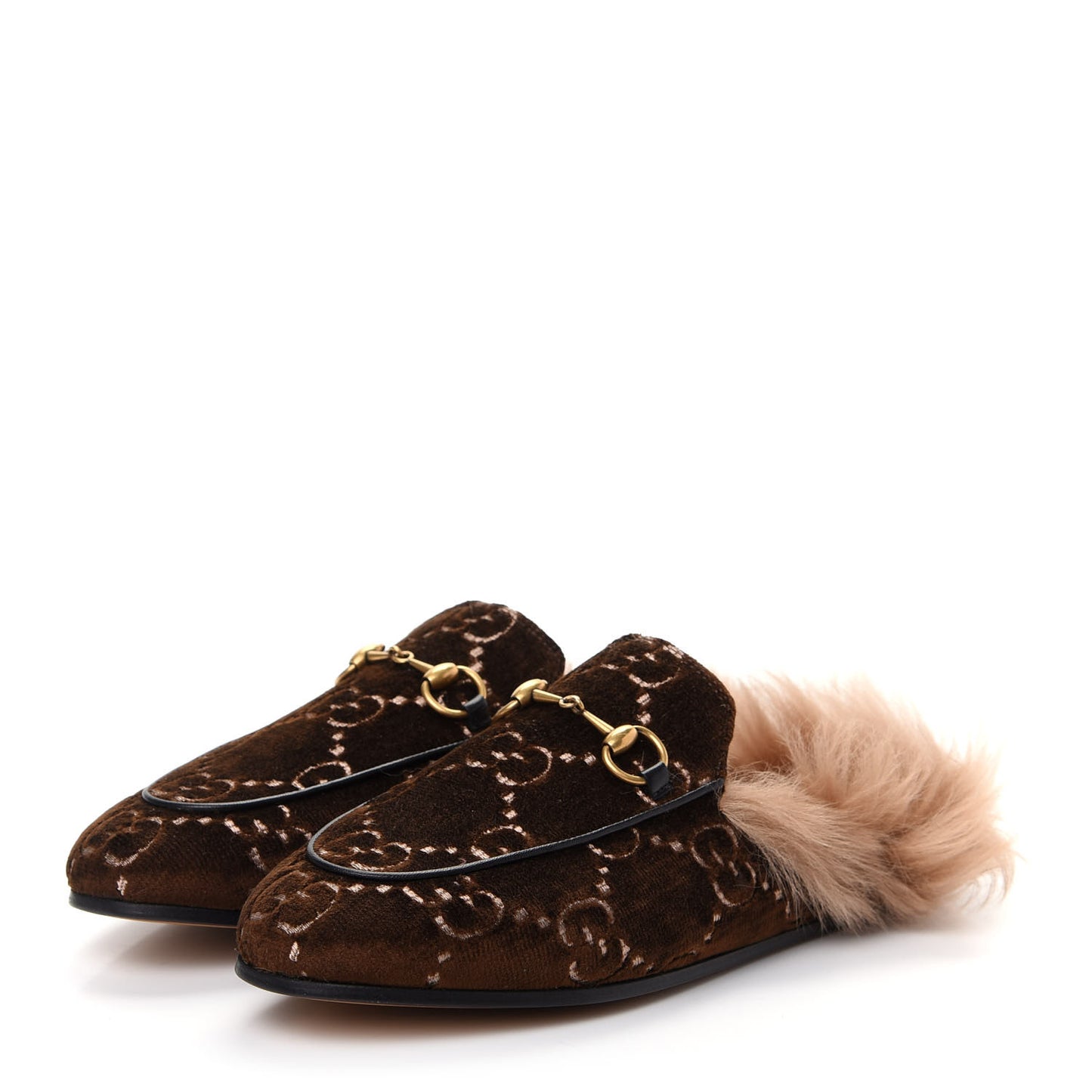 Velvet GG Monogram Fur Womens Princetown Slippers 37 Brown Black Natural