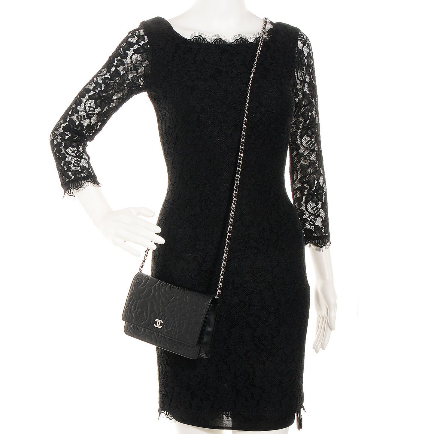 Lambskin Camellia Wallet on Chain WOC Black