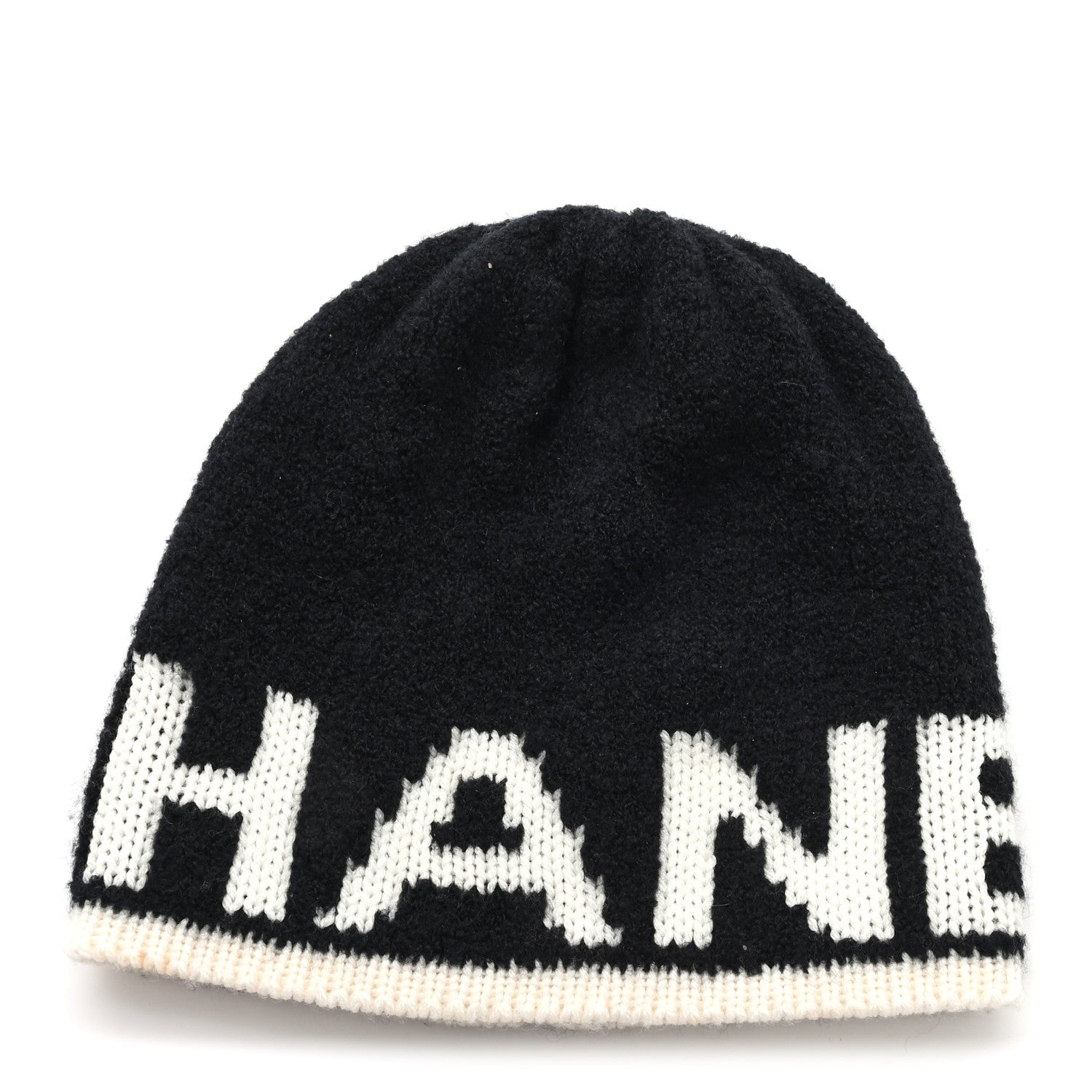 Chanel Cashmere Wool Silk Blend Logo Beanie Hat Black White 1 of 5