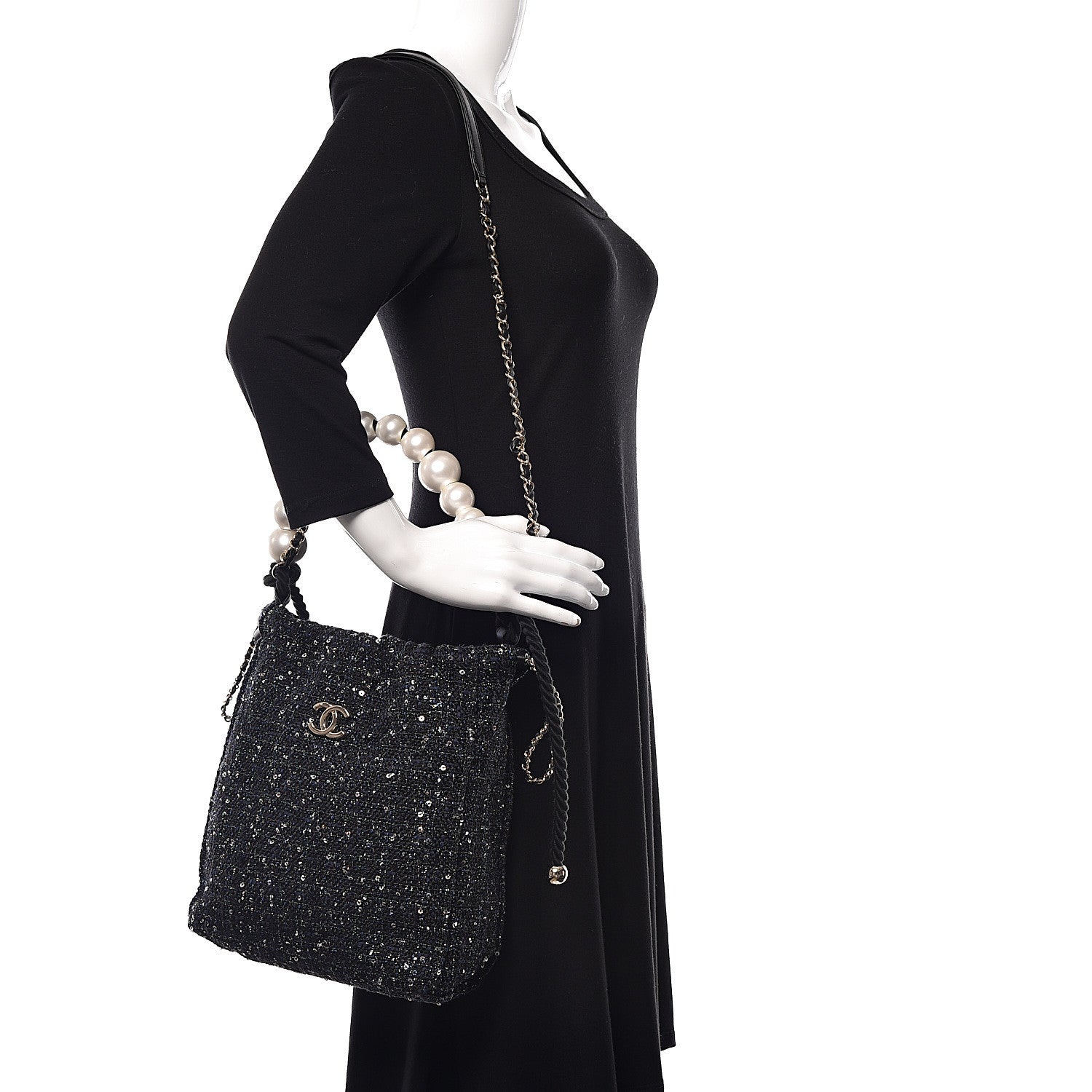 Chanel Tweed Sequin Pearl Drawstring Chain Bag Black Navy 2 of 10