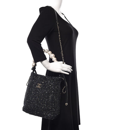 Chanel Tweed Sequin Pearl Drawstring Chain Bag Black Navy 2 of 10