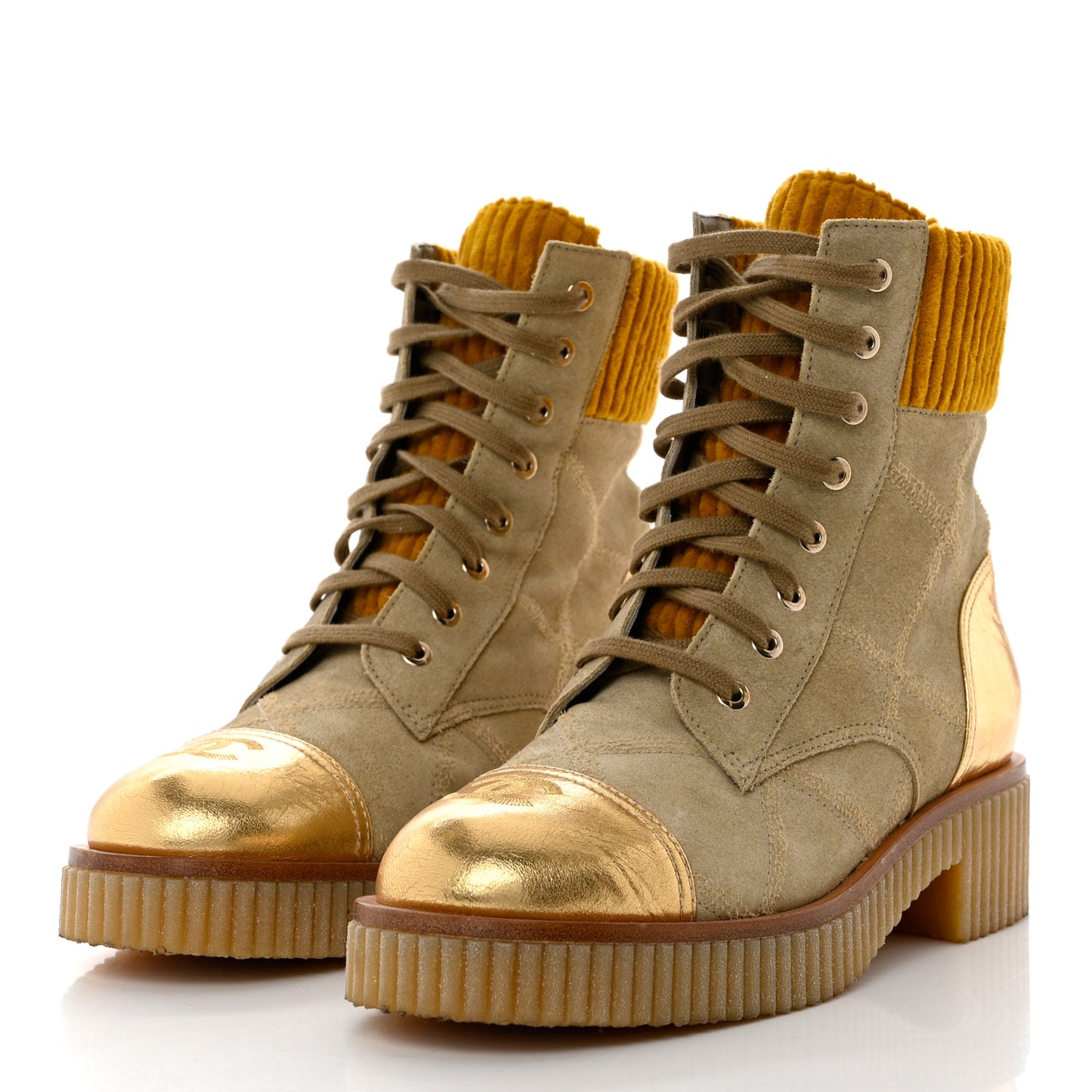 Suede Calfskin Velvet Laminated Quilted CC Combat Boots 37.5 Beige Yellow Gold