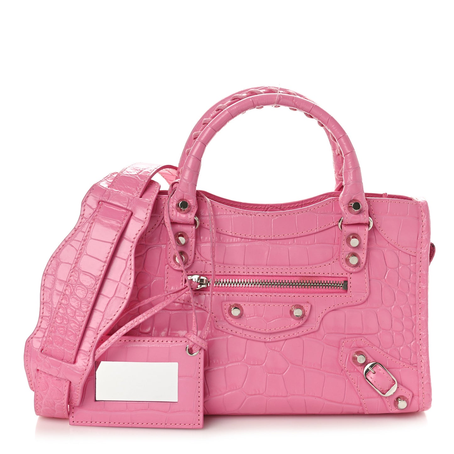 Shiny Supple Calfskin Crocodile Embossed Classic Silver Hardware Mini City Baby Pink