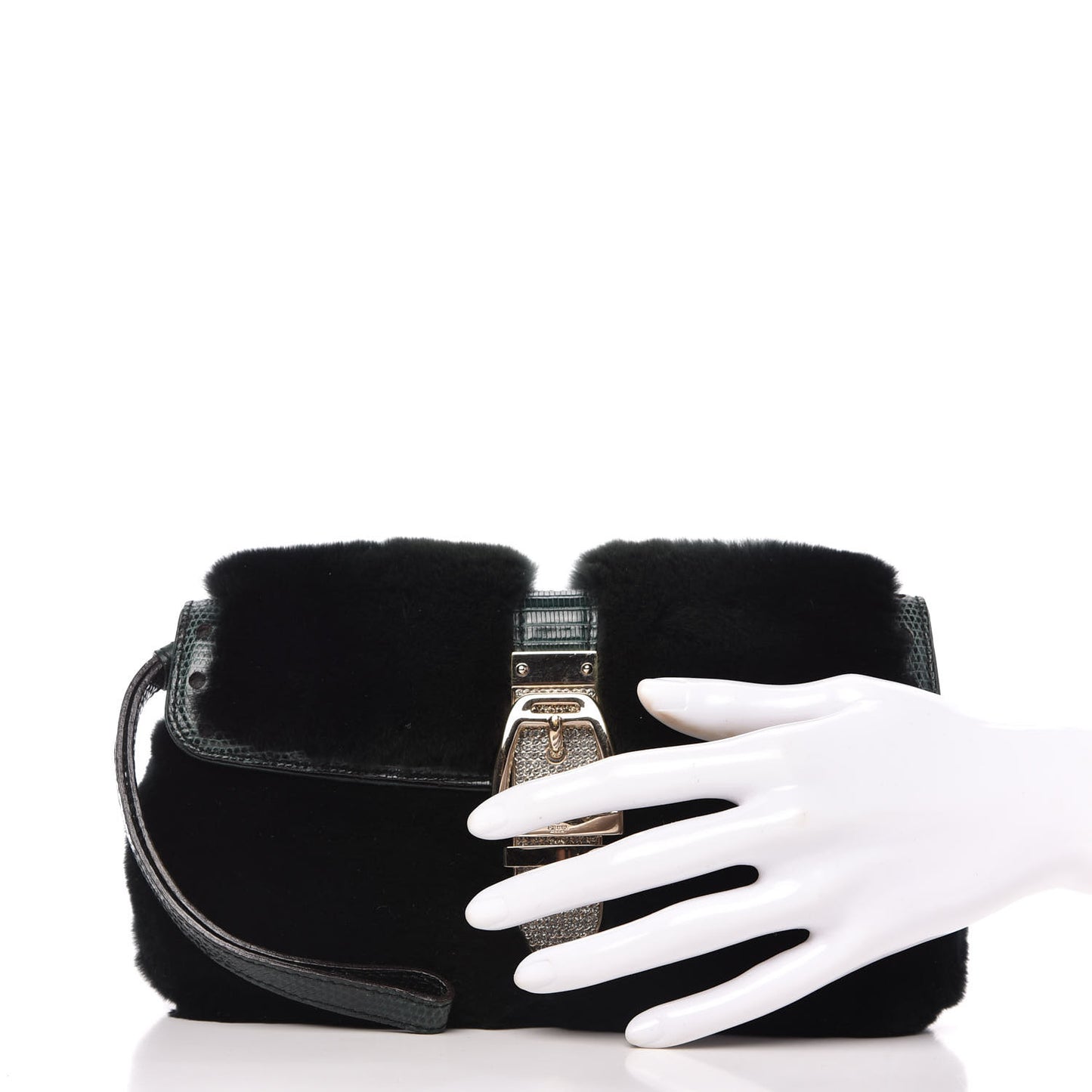 Mink Fur Lizard Crystal Wristlet Green