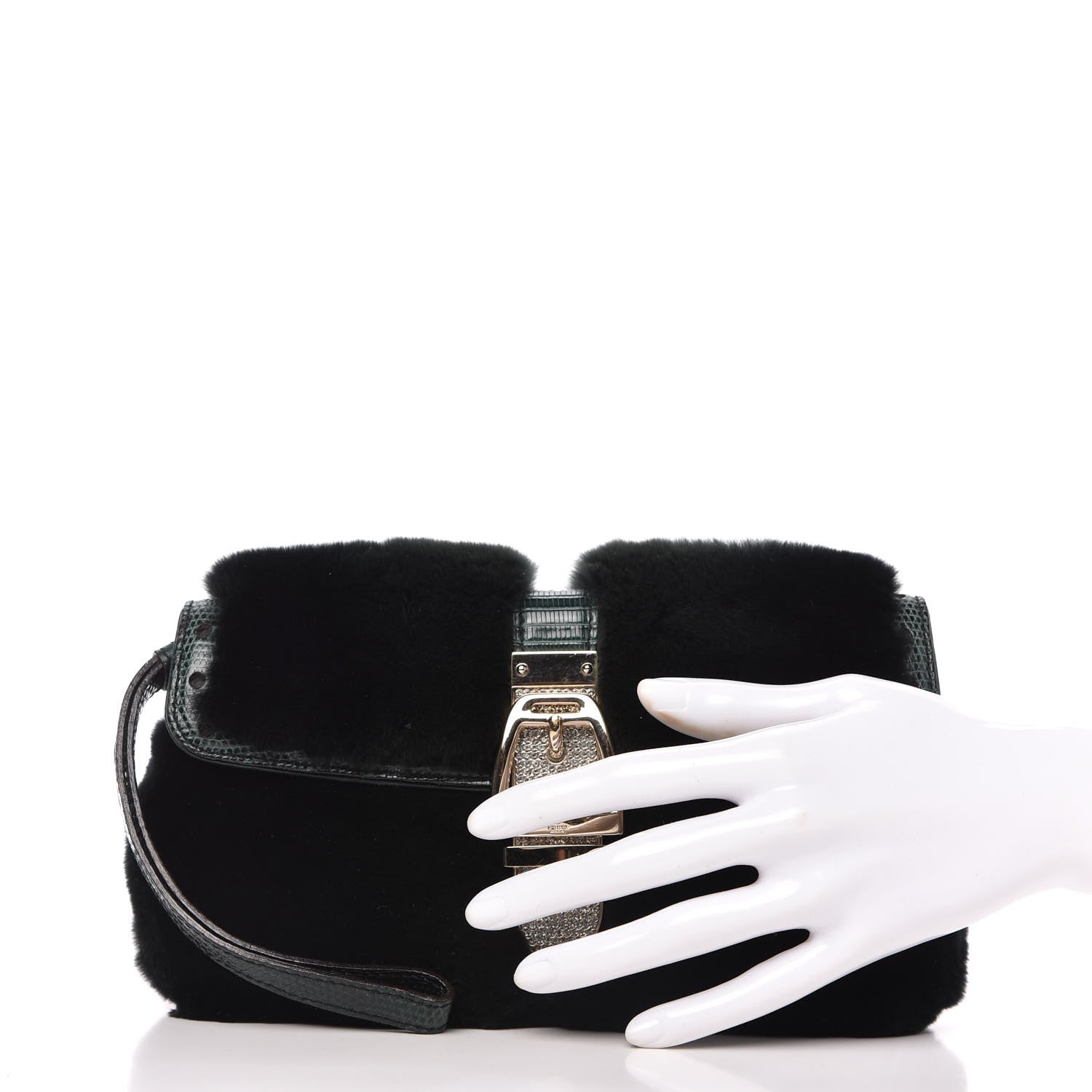 Gucci Mink Fur Lizard Crystal Wristlet Green 2 of 10