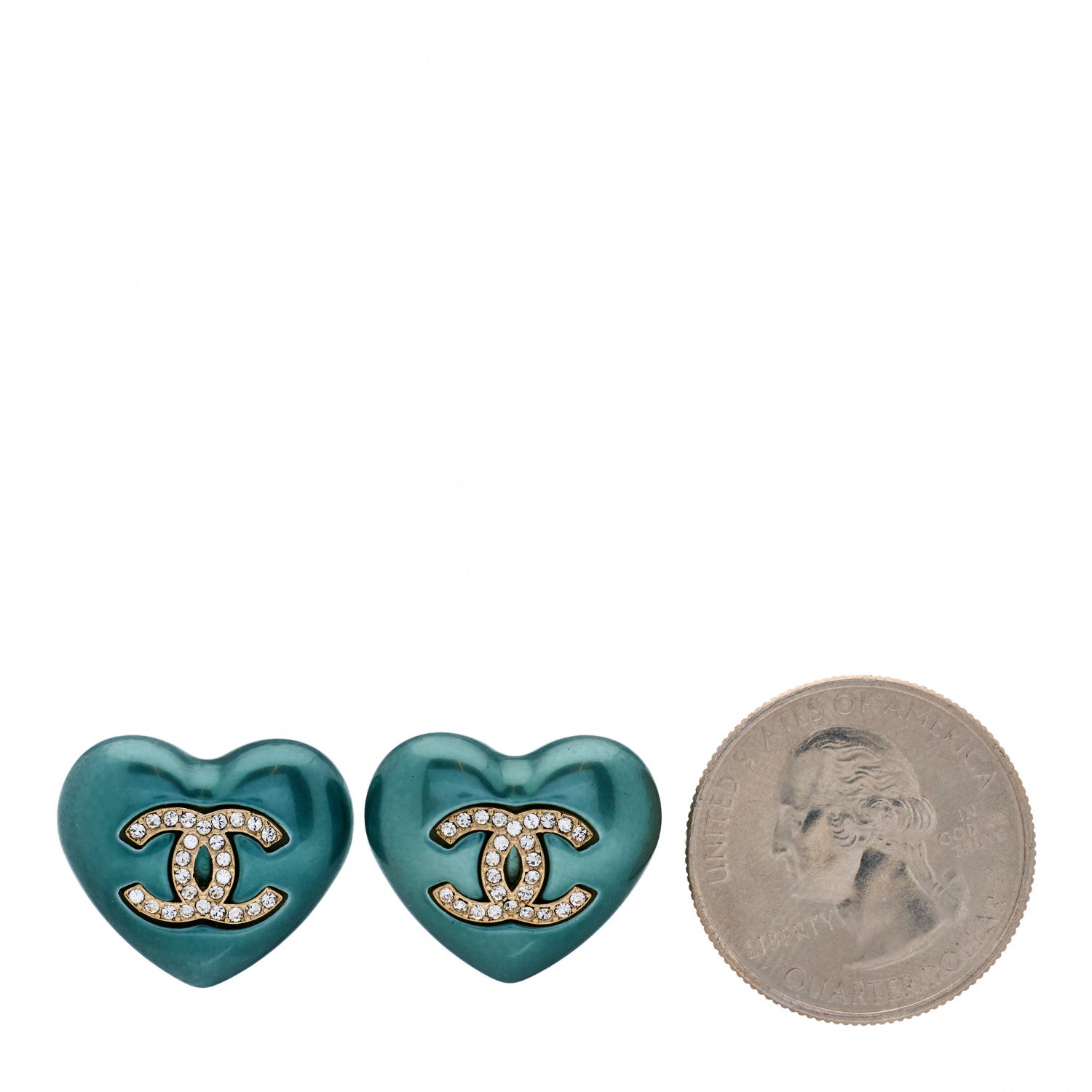 Chanel Pearl Crystal CC Heart Earrings Blue Gold 2 of 5