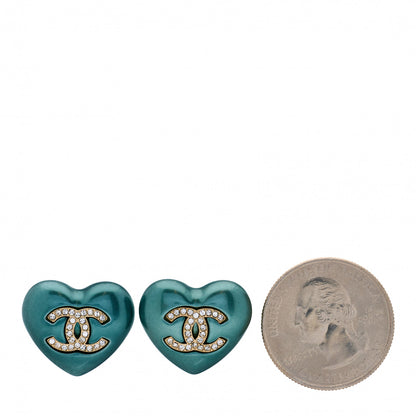 Chanel Pearl Crystal CC Heart Earrings Blue Gold 2 of 5